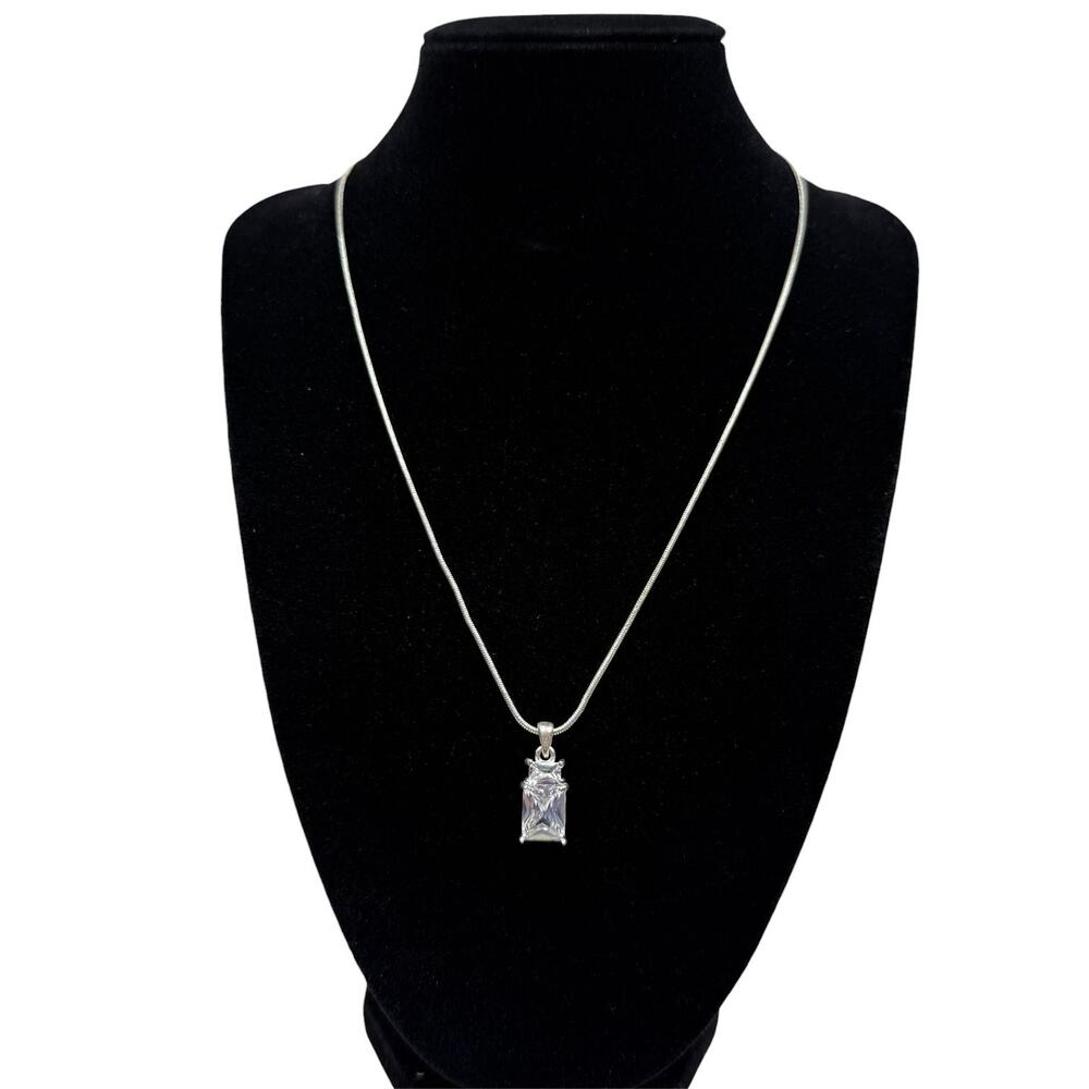 Elegant Emerald Cut Clear Crystal Pendant Silver Tone Snake Chain Necklace 18"